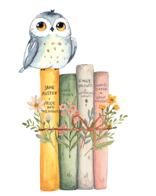 Eule auf Büchserstapel mit 4 Büchern